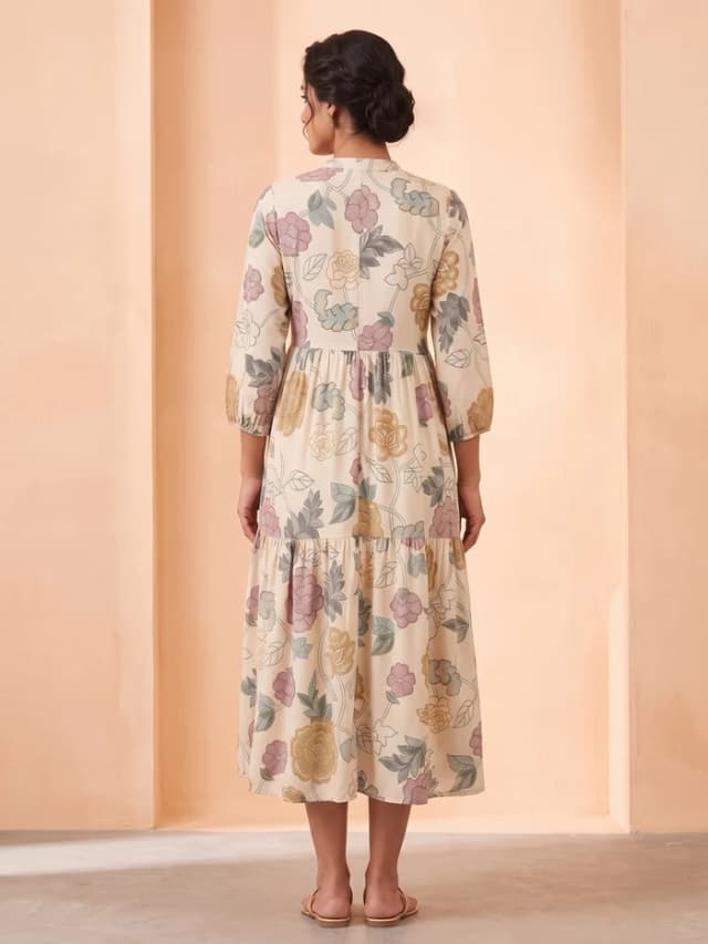 Off White Crepe Multicolor Floral Printed Midi Dress alternate view