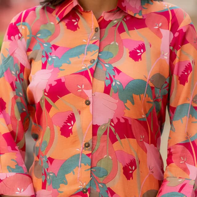 Peach Floral Printed Rayon Denting Slub A-Line Dress alternate view