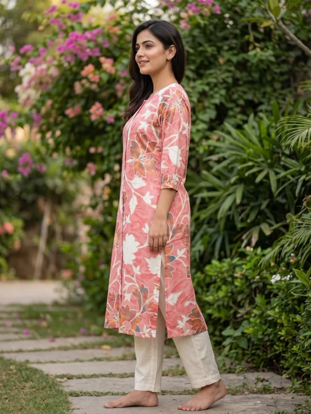 Pink Floral Printed Rayon Kurti with Subtle Foil Detailing and A-Line Fit alternate view