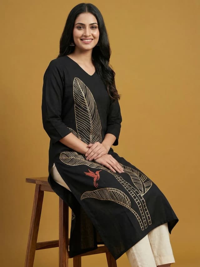Black Pure Cotton Kurti with Leaf Print Design and Timeless Minimal Styling alternate view