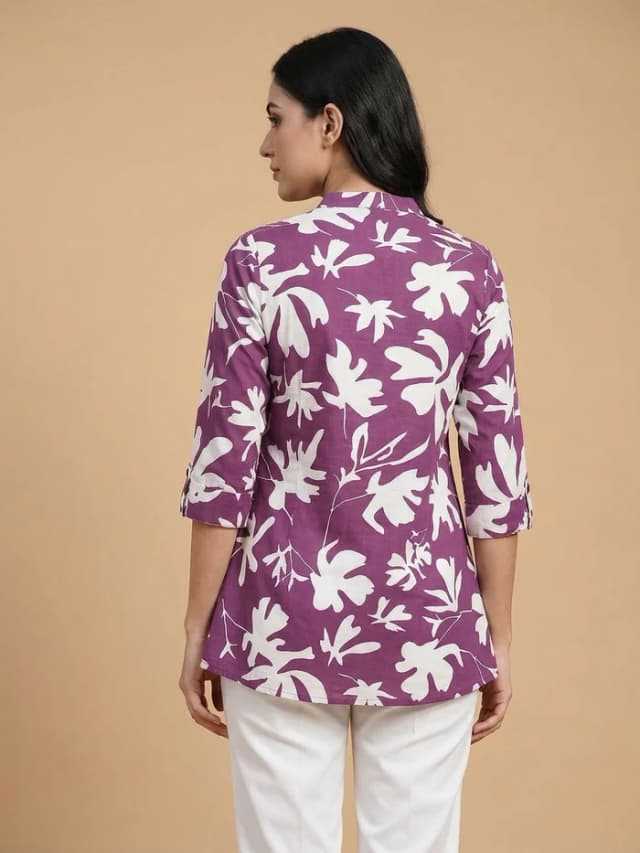 Purple Floral Print Pure Cotton Top for Casual Wear alternate view