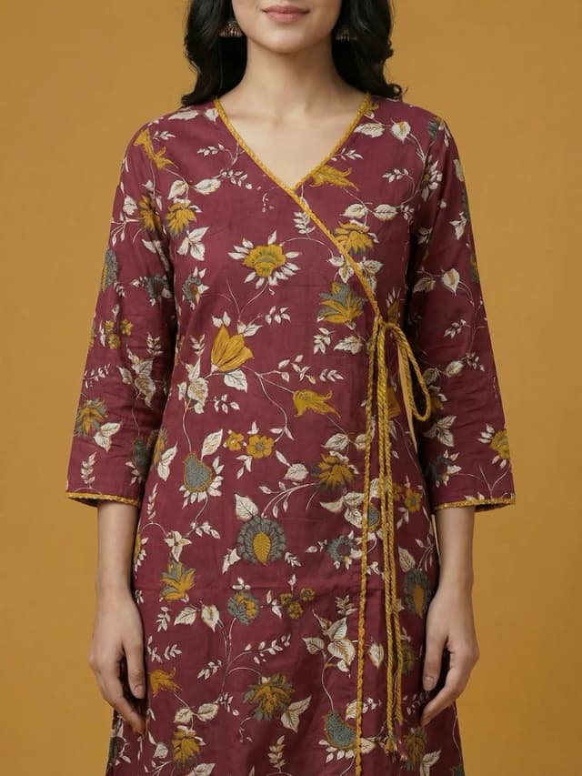 Maroon Floral Printed Pure Cotton Angrakha Style Kurti alternate view