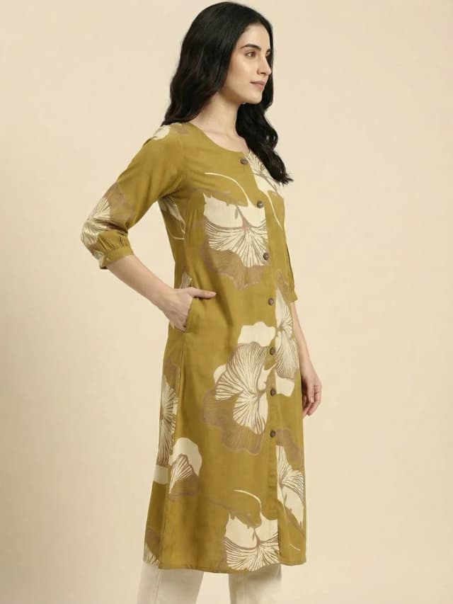 Olive Floral Printed Rayon A-Line Kurti with Button Detail alternate view