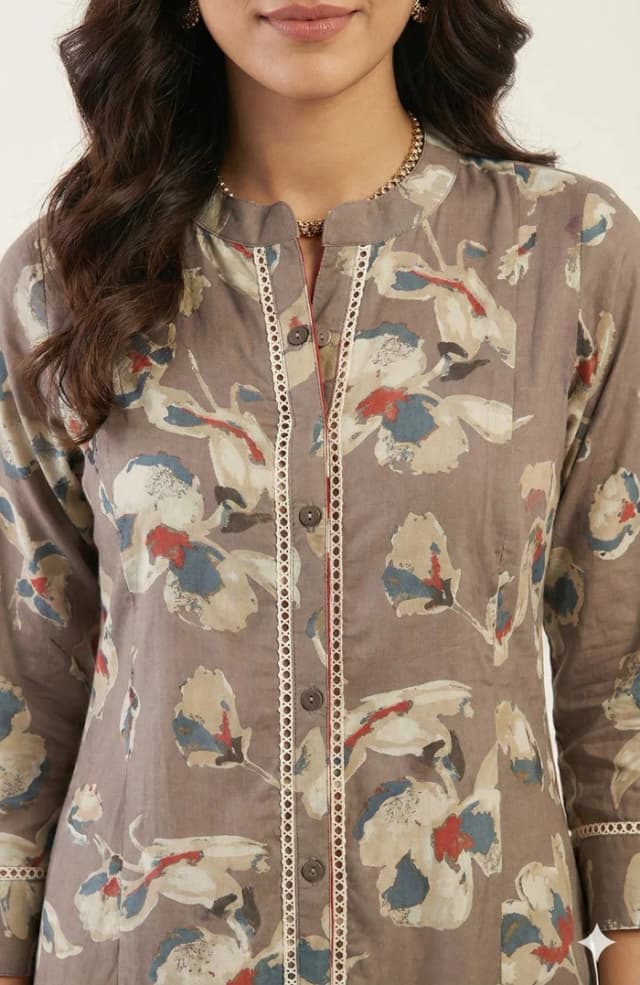 Grey Straight Fit Viscose Kurti Adorned with Delicate Floral Prints and Slit Detail alternate view
