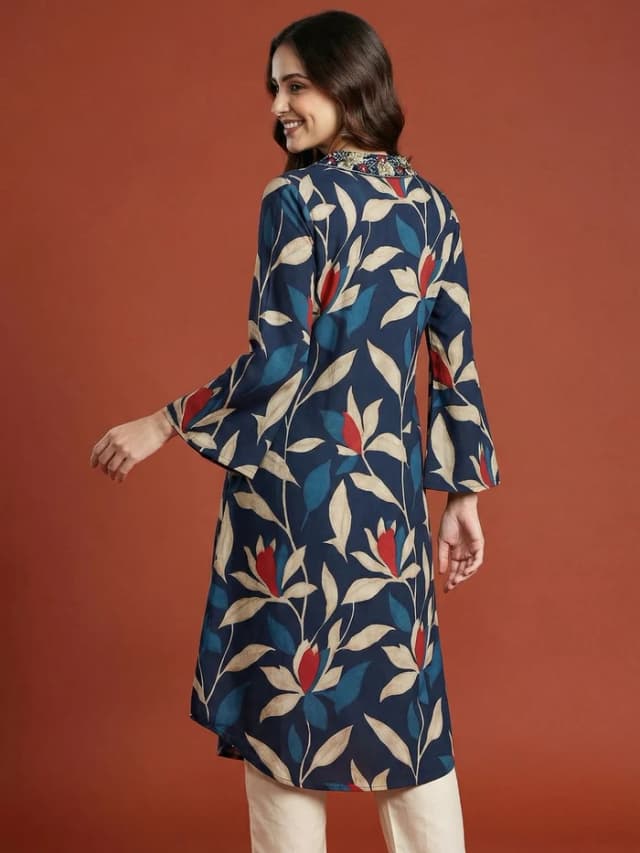 Blue Floral Printed Viscose A-Line Kurti with a Flattering Flowing Silhouette alternate view