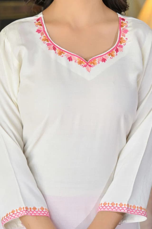 White Floral Embroidered Viscose Rayon Straight Kurti alternate view