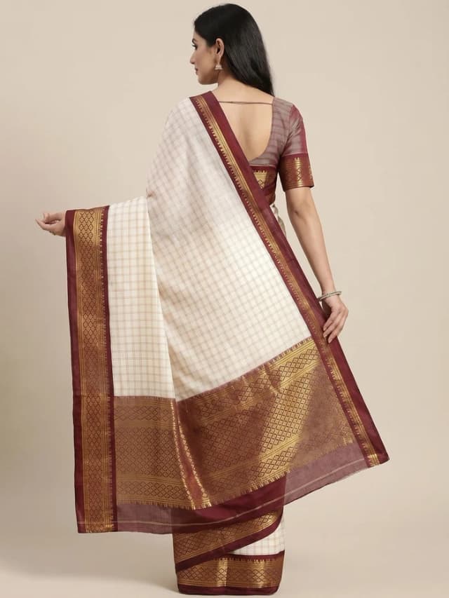 White And Maroon Checks With Woven Border Cotton Silk Saree alternate view