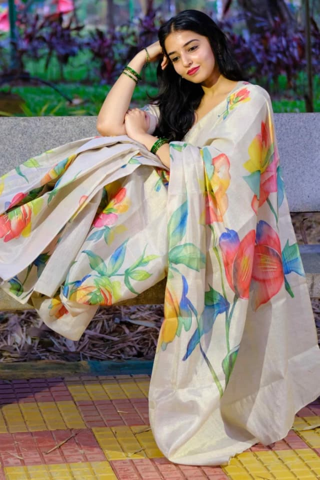 Beige Art Silk Saree Featuring Graceful Floral Motifs alternate view