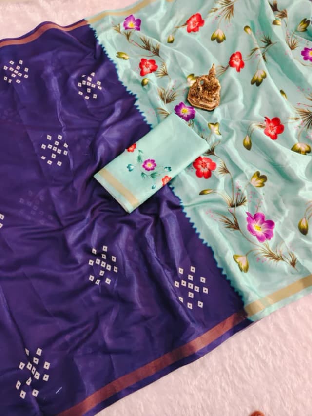 Ethnic Purple Bandhani Print Mulmul Cotton Saree With Elegant Floral Pallu Design alternate view