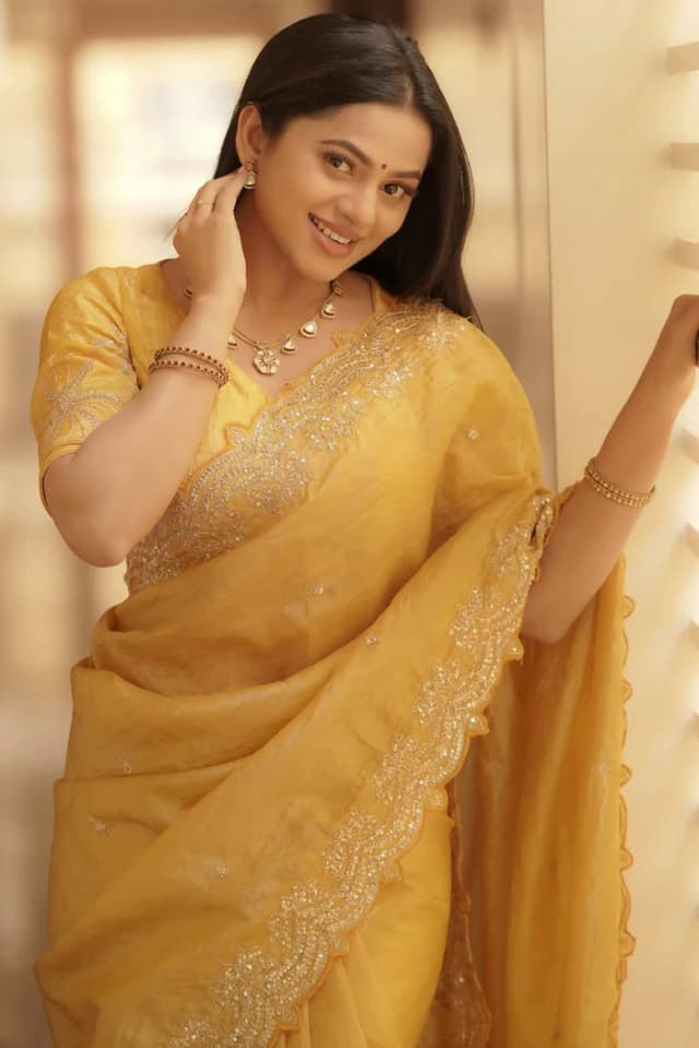 Golden Silk Blend Saree Accented with Sparkling Sequin Embellished alternate view
