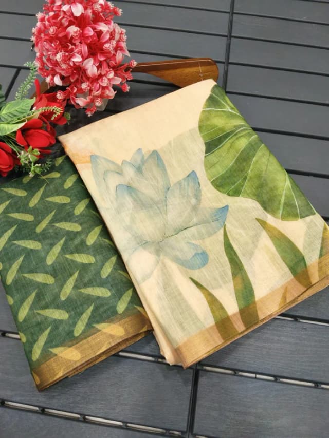 Elegant Beige Linen Saree with Lotus Print and Zari Border alternate view