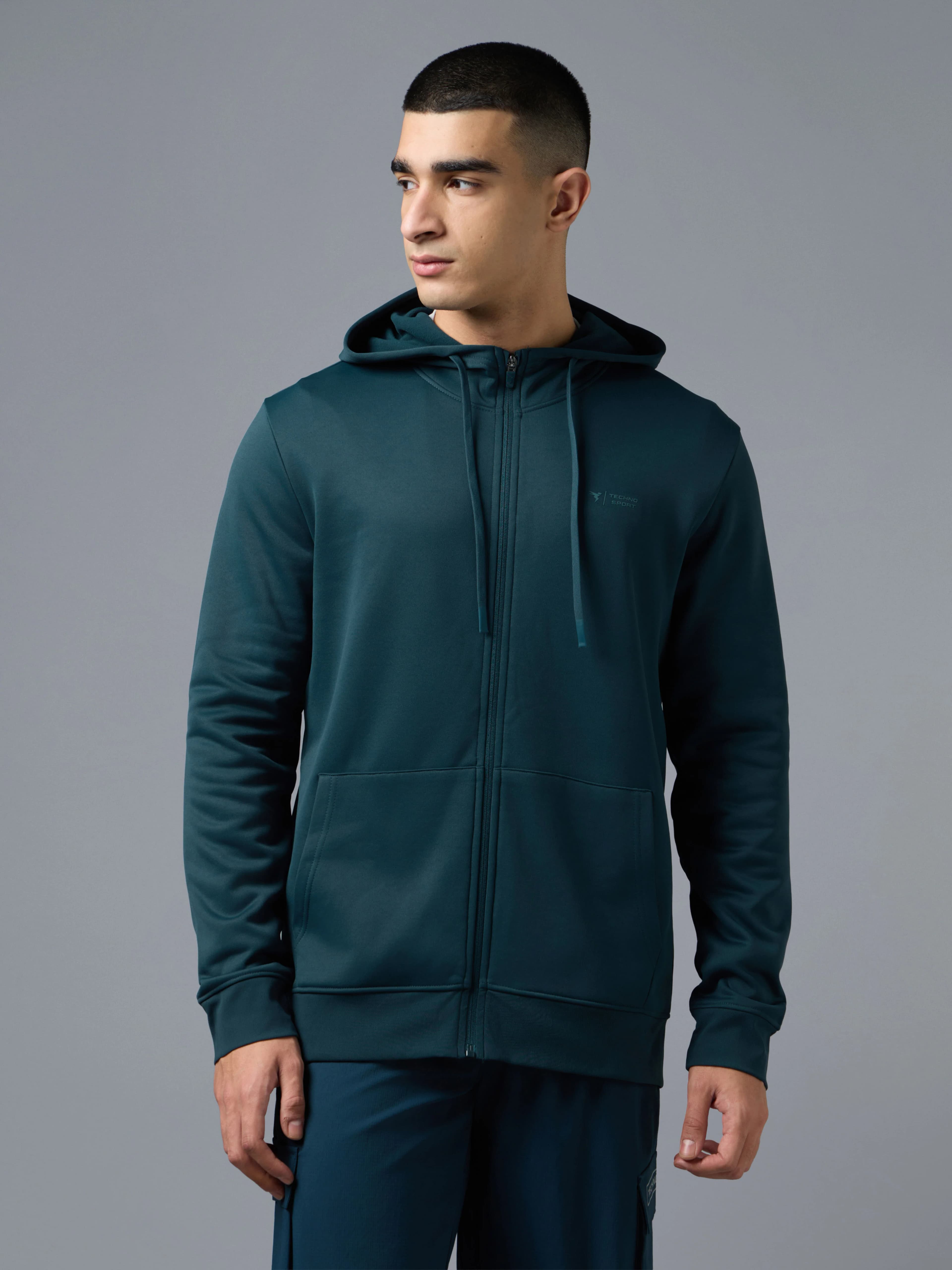 Men Solid Slim Fit Hooded Jacket with TECHNOWARM+