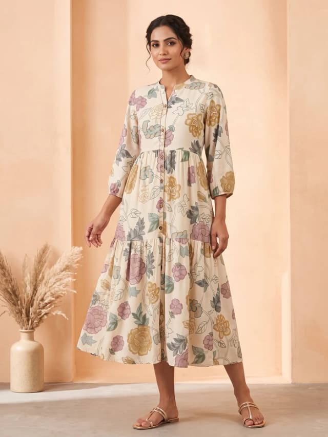Off White Crepe Multicolor Floral Printed Midi Dress