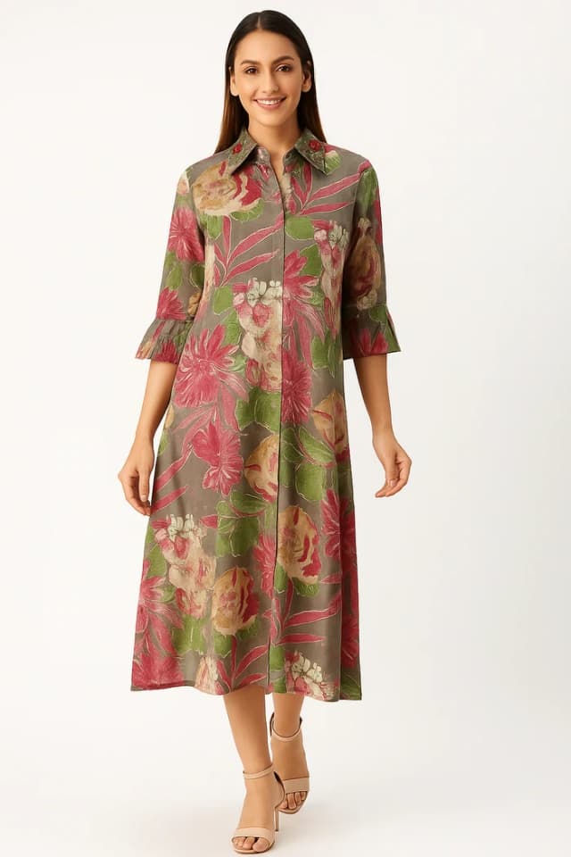 Multicolor Floral Printed Dress Kurti in Soft Muslin with Foil Finish Highlights