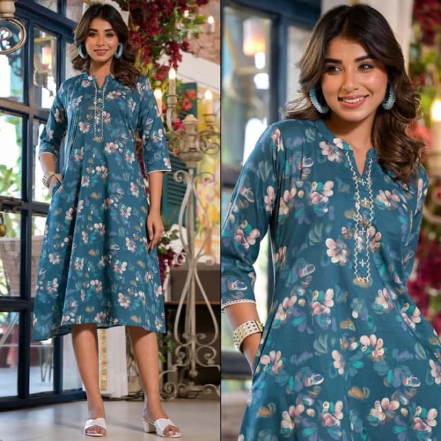 Peach Floral Printed Rayon Denting Slub A-Line Dress