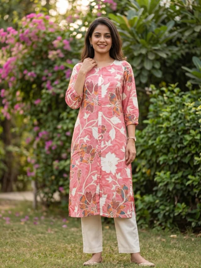 Pink Floral Printed Rayon Kurti with Subtle Foil Detailing and A-Line Fit