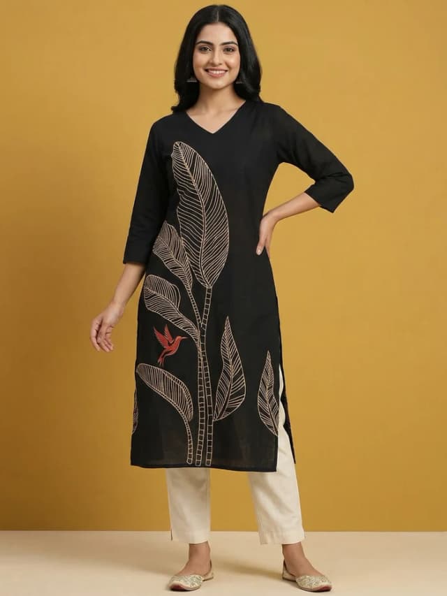 Black Pure Cotton Kurti with Leaf Print Design and Timeless Minimal Styling