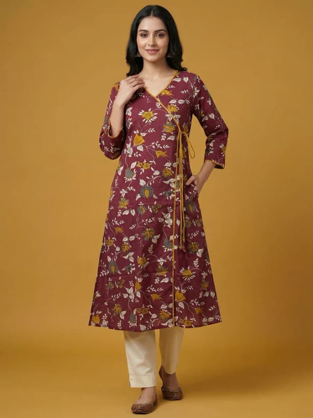 Maroon Floral Printed Pure Cotton Angrakha Style Kurti