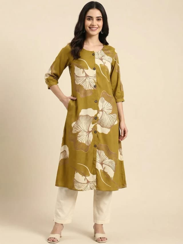 Olive Floral Printed Rayon A-Line Kurti with Button Detail
