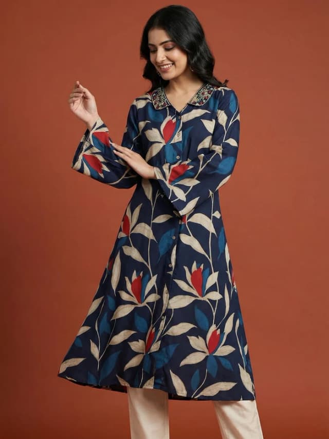 Blue Floral Printed Viscose A-Line Kurti with a Flattering Flowing Silhouette