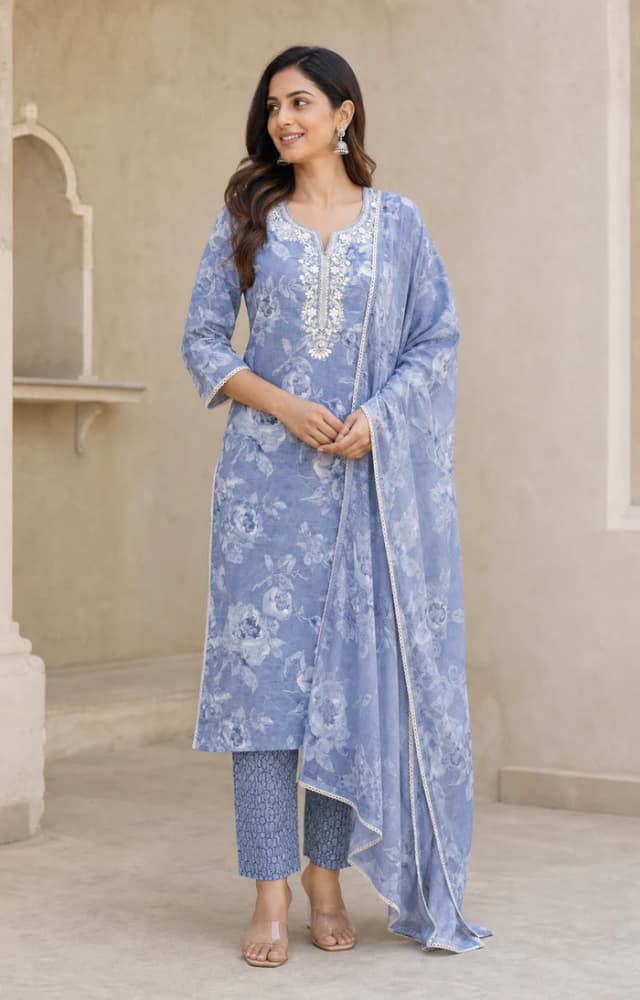 Peachmode Blue Pure Cotton Floral Printed & Embroidered Salwar Suit Set