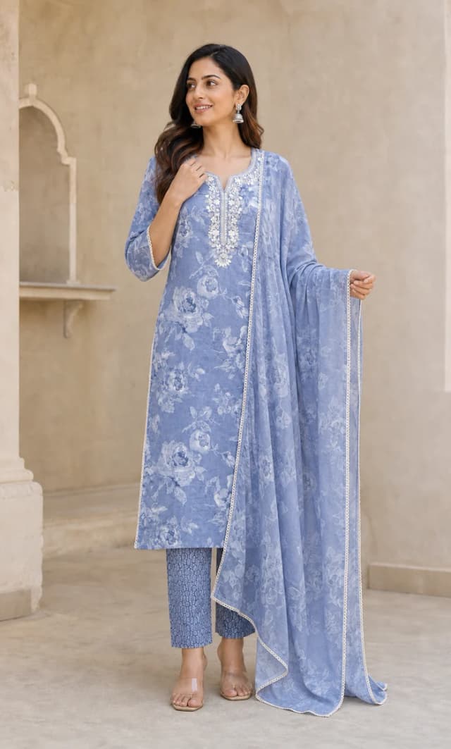 Peachmode Blue Pure Cotton Floral Printed & Embroidered Salwar Suit Set alternate view