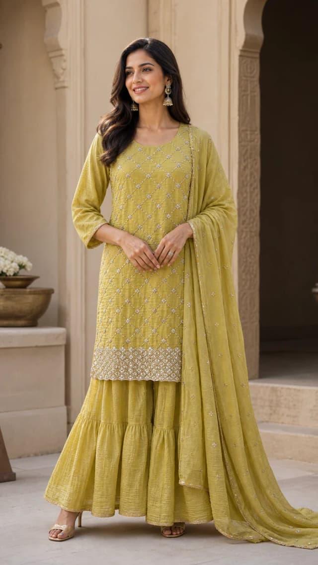 Peachmode Yellow Silk Blend Sequins Embellished Sharara Salwar Suit Set