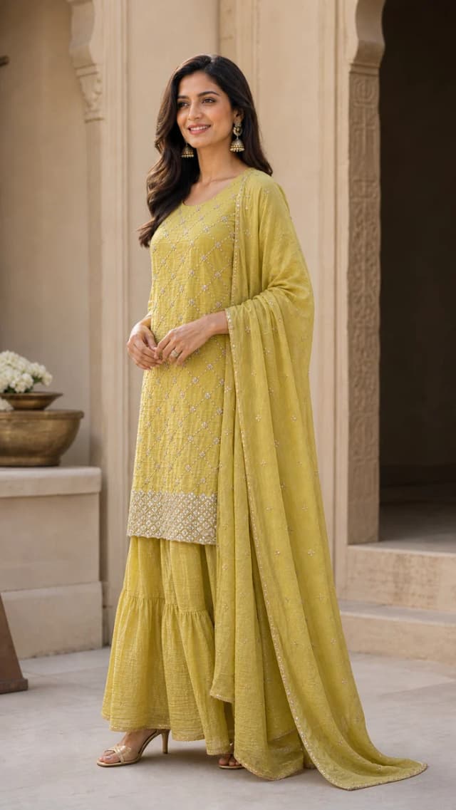 Peachmode Yellow Silk Blend Sequins Embellished Sharara Salwar Suit Set alternate view