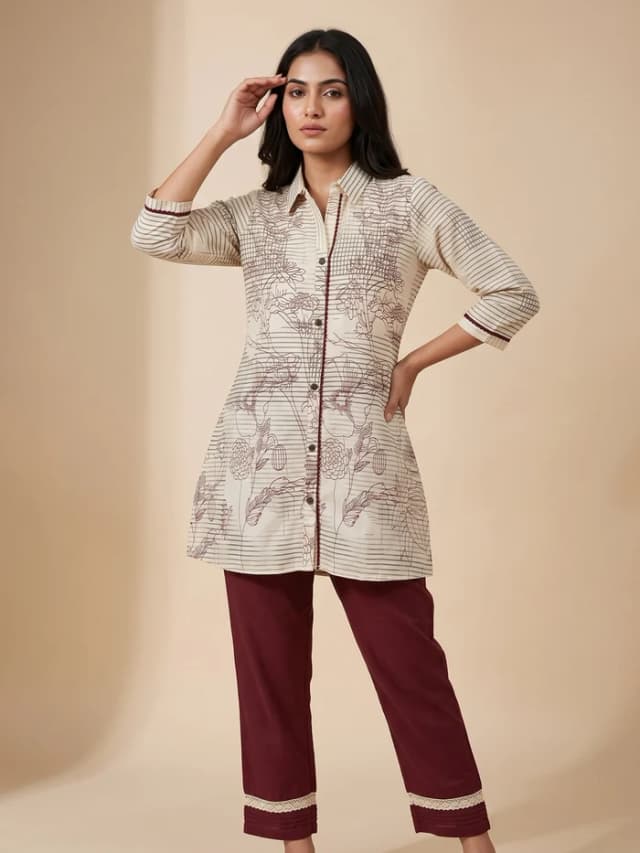 Peachmode Cream Pure Cotton Floral Printed Co-ord Set