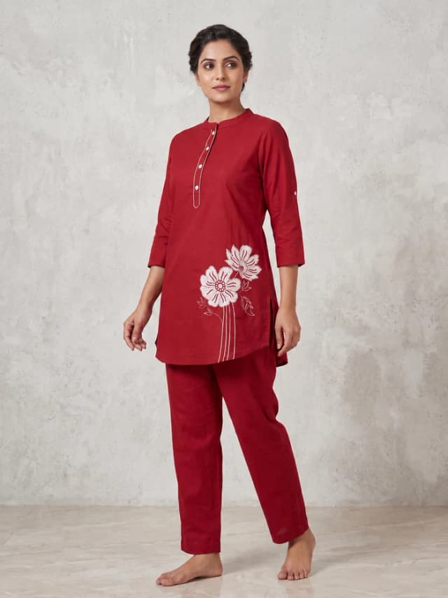 Peachmode Red Pure Cotton Floral Embroidered Co-ord Set