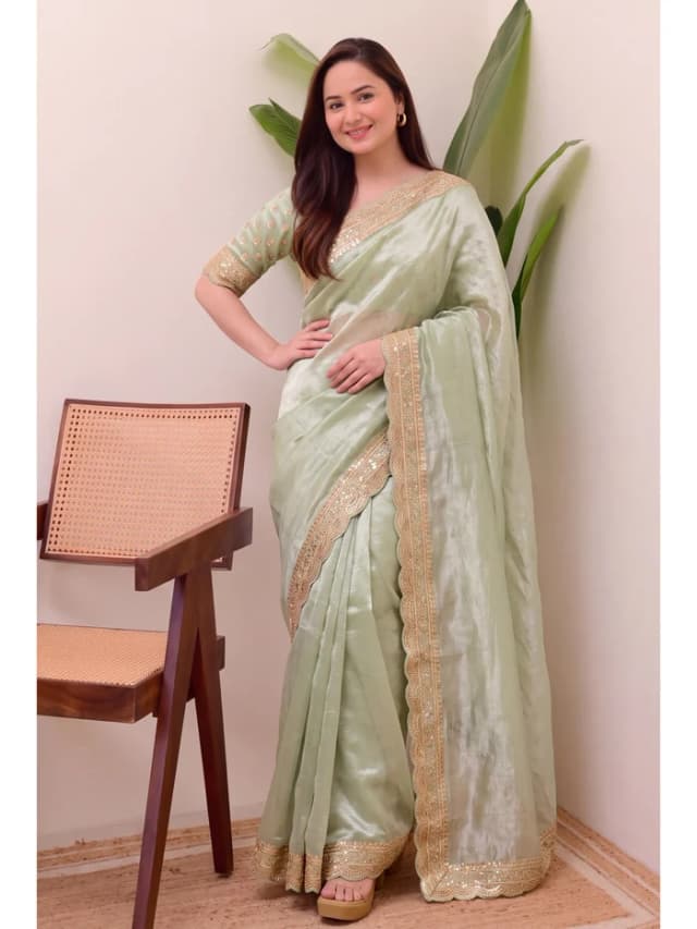 Peachmode Mint Green Sequin Embroidered Soft Silk Saree