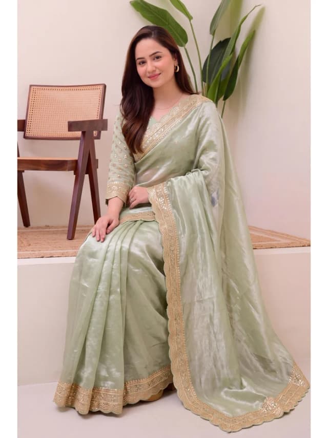 Peachmode Mint Green Sequin Embroidered Soft Silk Saree alternate view