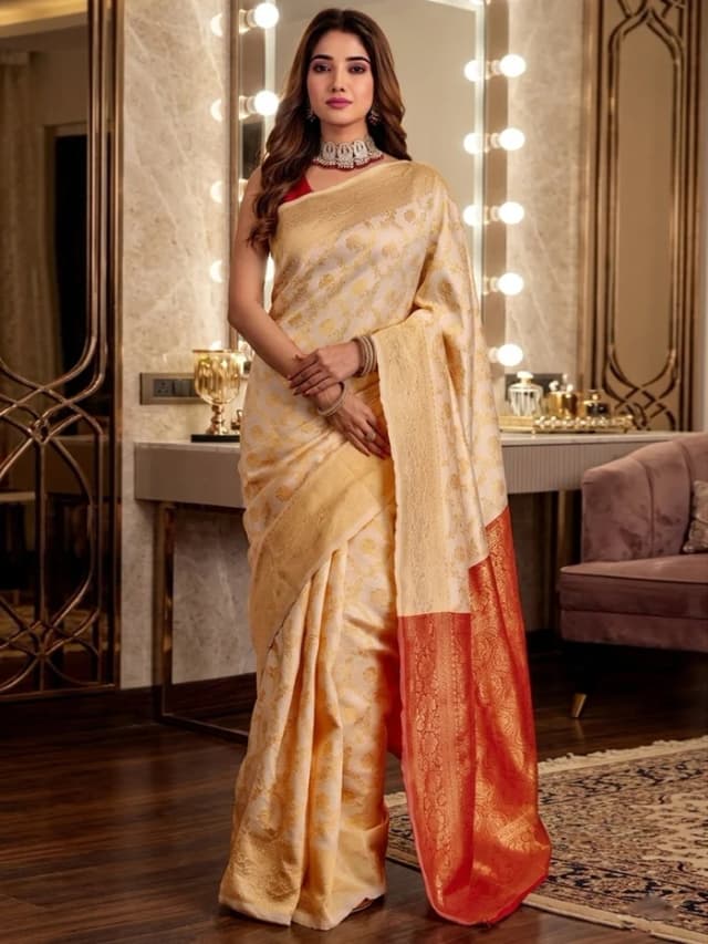 Peachmode Offwhite Red Jacquard Woven Kanchipuram Lichi Silk Saree