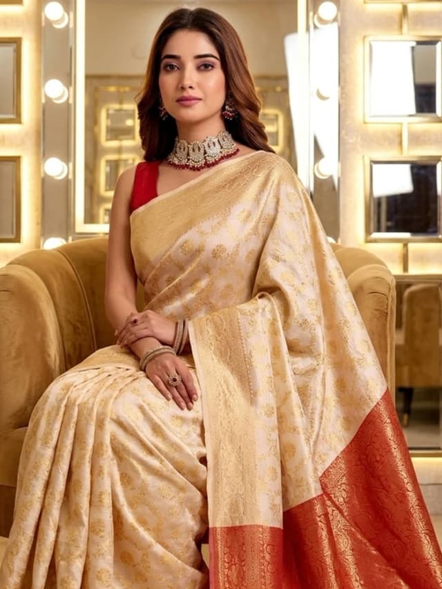 Peachmode Offwhite Red Jacquard Woven Kanchipuram Lichi Silk Saree alternate view