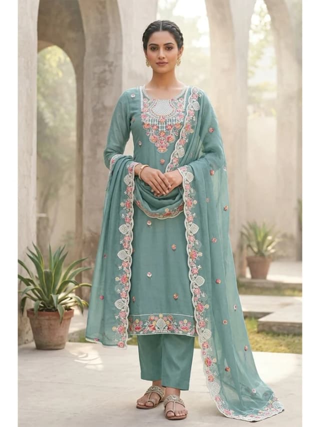 Peachmode Cotton Silk Blue Unstitched Dress Material