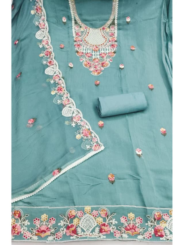 Peachmode Cotton Silk Blue Unstitched Dress Material alternate view