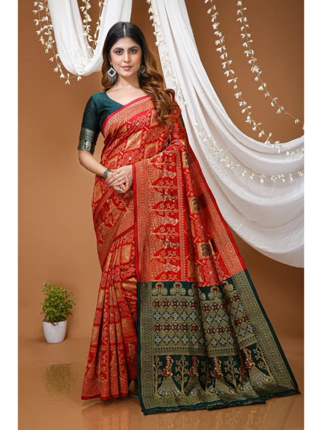 Peachmode Red Jacquard Woven Soft Lichi Silk Kanchipuram Saree