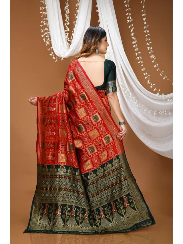 Peachmode Red Jacquard Woven Soft Lichi Silk Kanchipuram Saree alternate view