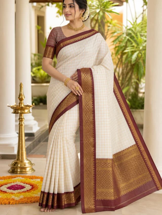 White And Maroon Checks With Woven Border Cotton Silk Saree