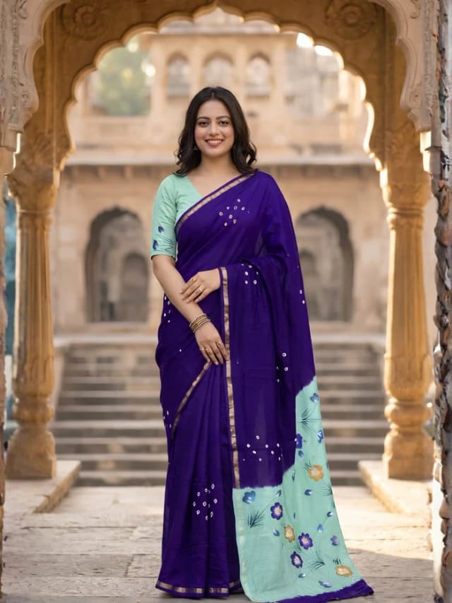Ethnic Purple Bandhani Print Mulmul Cotton Saree With Elegant Floral Pallu Design