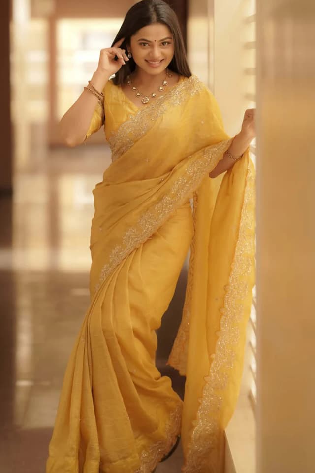 Golden Silk Blend Saree Accented with Sparkling Sequin Embellished
