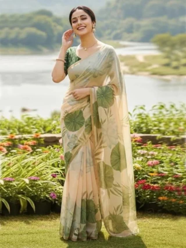 Elegant Beige Linen Saree with Lotus Print and Zari Border
