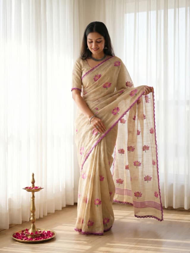 Stylish Beige Purple Floral Weaving Cotton Blend Jamdani Saree